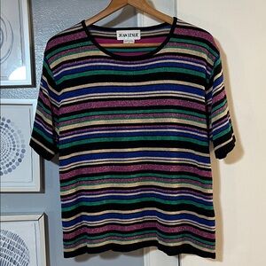 Vintage Joan Leslie Womens 1X Pullover Sweater Colorful Striped Metallic